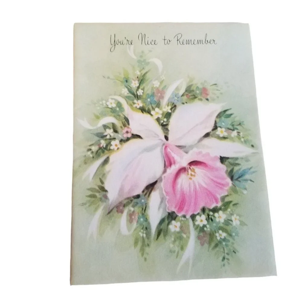 Vintage Greeting Card You're Nice to Remember Pink Flower Daffodil Floral Unused